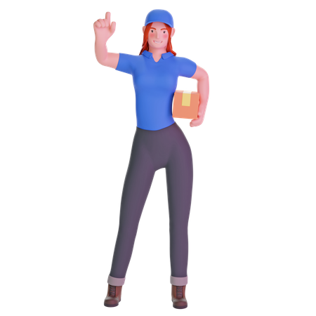 Delivery girl Pointing Hand Gesture in uniform and holding cardboard package 3D Illustration