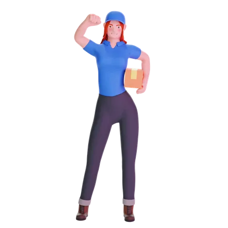 Delivery girl exited in uniform and holding cardboard package 3D Illustration