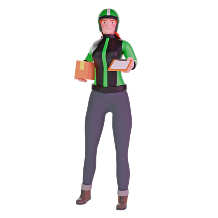 Delivery girl giving clipboard and holding package  3D Icon