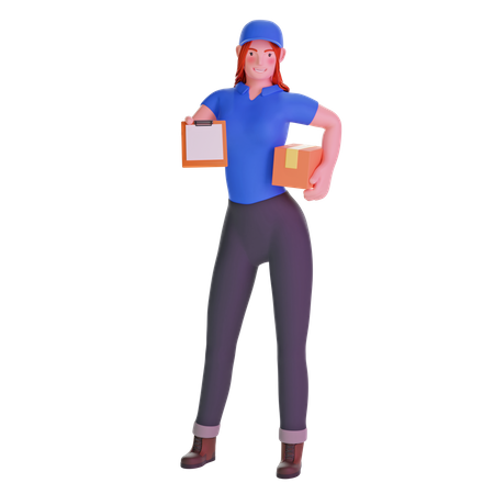 Delivery girl giving clipboard and holding package  3D Icon