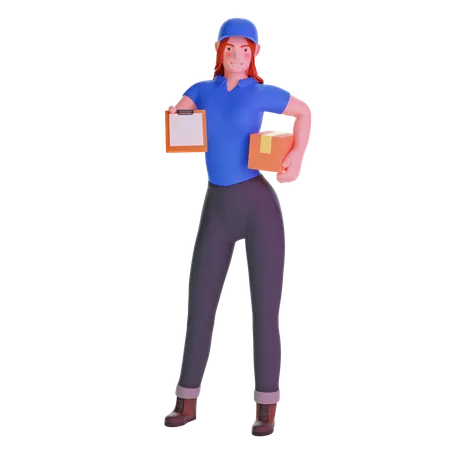 Delivery girl giving clipboard and holding package  3D Illustration