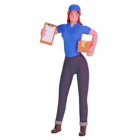 Delivery girl giving clipboard and holding package  3D Illustration