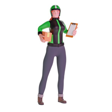 Delivery girl giving clipboard and holding package  3D Illustration