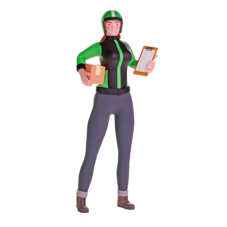 Delivery girl giving clipboard and holding package  3D Illustration