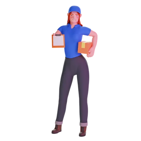 Delivery girl giving clipboard and holding package 3D Illustration