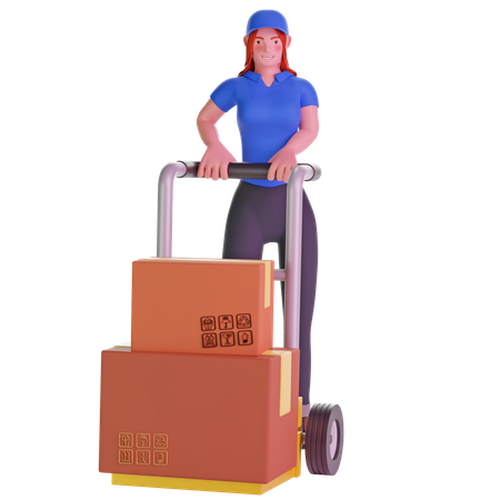 Delivery girl Holding Trolley Loaded With Cardboard Boxes  3D Illustration