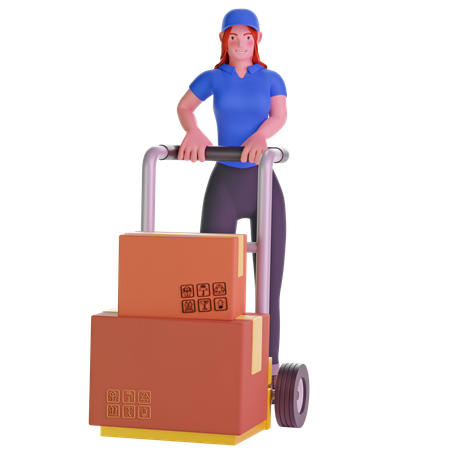 Delivery girl Holding Trolley Loaded With Cardboard Boxes 3D Illustration