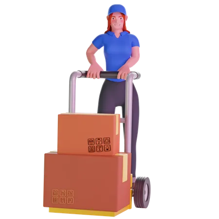 Delivery girl Holding Trolley Loaded With Cardboard Boxes 3D Illustration