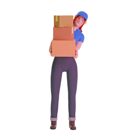 Delivery Girl In Uniform Carrying Boxes On Transparent Background 3 D Illustration 3D Illustration