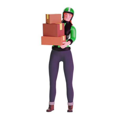 Delivery girl in uniform carrying boxes 3D Illustration