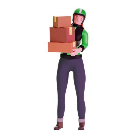 Delivery girl in uniform carrying boxes  3D Illustration