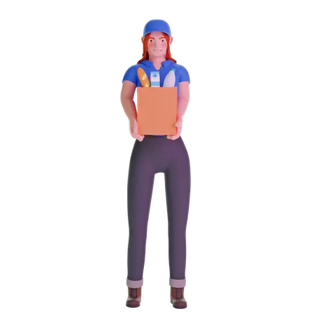 Delivery girl in uniform holding groceries 3D Illustration