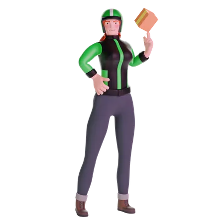 Delivery girl in uniform jacket playing with cardboard box package  3D Illustration