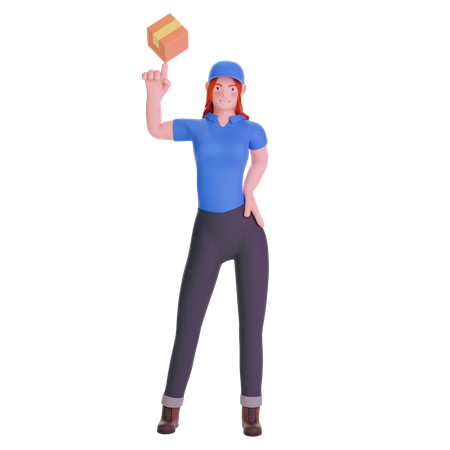 Delivery girl in uniform playing with cardboard box package 3D Illustration