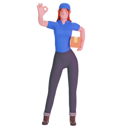 Delivery girl in uniform with ok hand gesture  3D Illustration