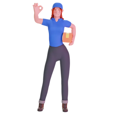 Delivery girl in uniform with ok hand gesture 3D Illustration