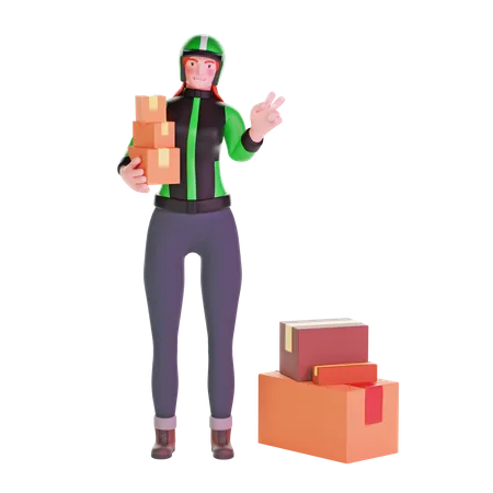 Delivery girl in uniform with peace hand sign and carrying boxes  3D Illustration
