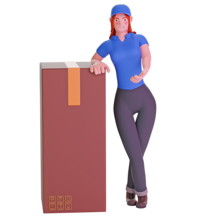 Delivery girl leaning on big cardboard package  3D Illustration