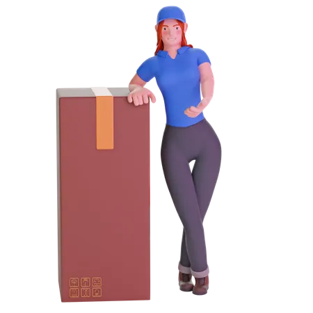 Delivery girl leaning on big cardboard package  3D Illustration