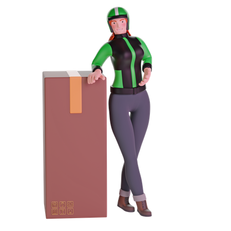 Delivery girl leaning on big cardboard package  3D Illustration