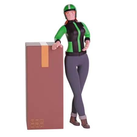 Delivery girl leaning on big cardboard package  3D Illustration