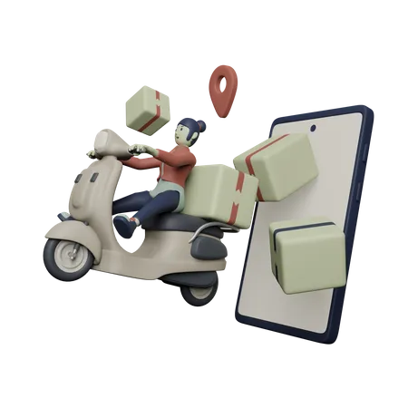3 D Character Delivery Girl On Scooter Bike Illustration 3D Illustration