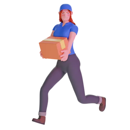 Delivery girl running fast holding cardboard package  3D Illustration