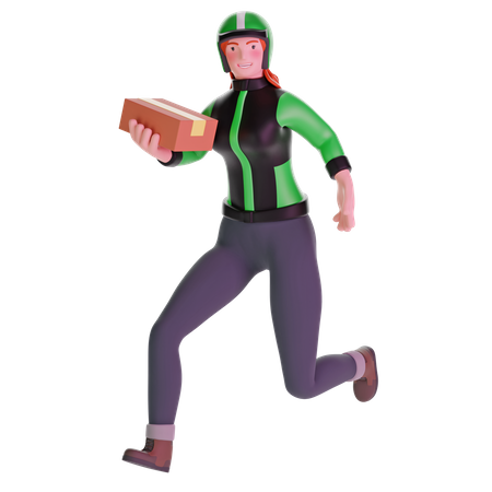 Delivery girl running fast holding cardboard package  3D Illustration