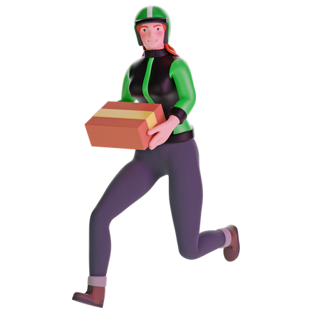 Delivery girl running fast holding cardboard package  3D Illustration