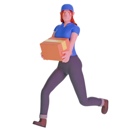 Delivery girl running fast holding cardboard package 3D Illustration