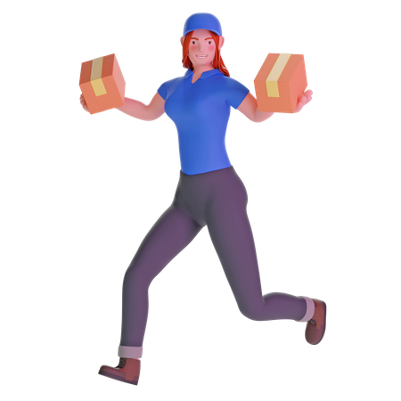 Delivery girl running fast holding cardboard package 3D Illustration