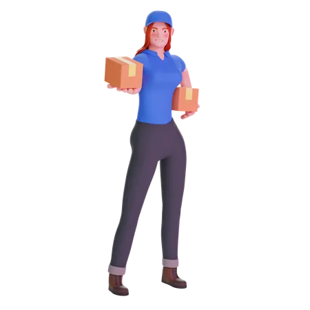 Delivery Girl In Uniform Giving Cardboard Package On Transparent Background 3 D Illustration 3D Illustration