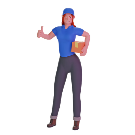 Delivery girl thumb up hand gesture 3D Illustration