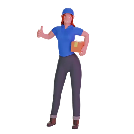 Delivery Girl In Uniform Thumb Up Gesture And Holding Cardboard Package On Transparent Background 3 D Illustration 3D Illustration