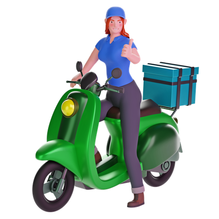 Delivery girl thumbs up hand gesture while riding motorcycle  3D Illustration