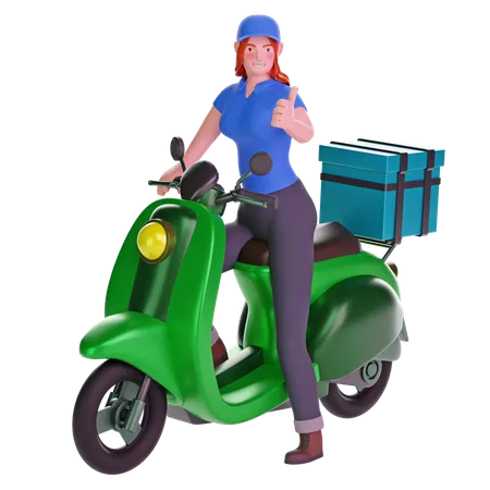 Delivery girl thumbs up hand gesture while riding motorcycle  3D Illustration