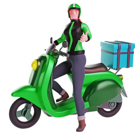 Delivery girl thumbs up hand gesture while riding motorcycle  3D Illustration