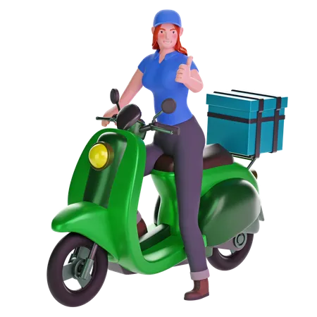 Delivery Girl In Uniform Thumbs Up Hand Gesture While Riding Motorcycle On Transparent Background 3 D Illustration 3D Illustration