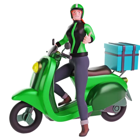 Delivery Girl In Uniform Jacket Thumbs Up Hand Gesture While Riding Motorcycle On Transparent Background 3 D Illustration 3D Illustration