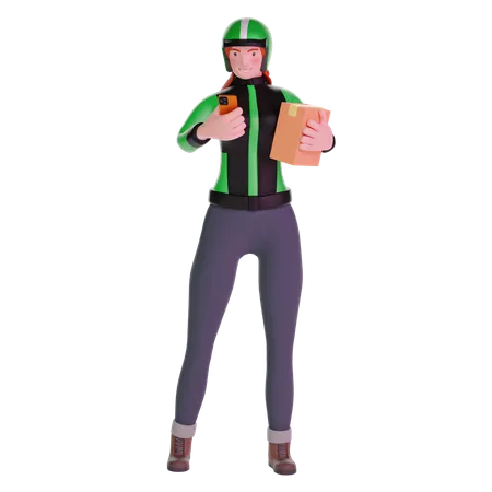 Delivery girl using phone and holding cardboard package 3D Illustration