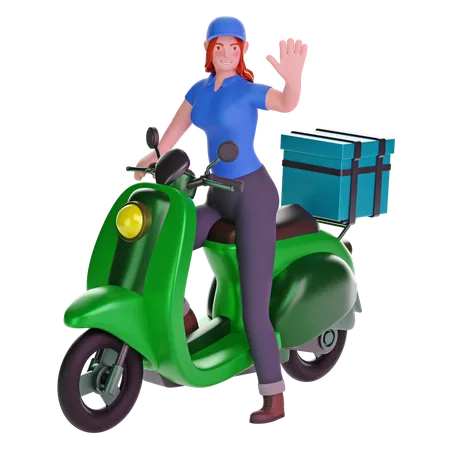 Delivery girl waving while riding motorcycle  3D Illustration