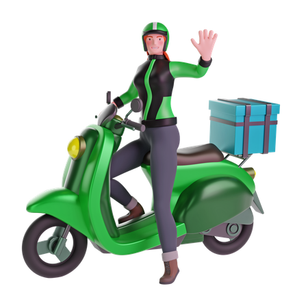 Delivery girl waving while riding motorcycle  3D Illustration