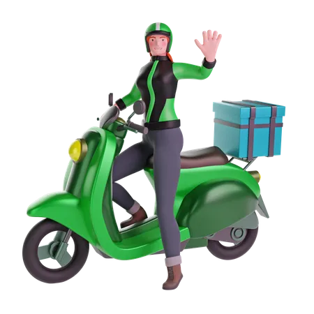 Delivery girl waving while riding motorcycle  3D Illustration