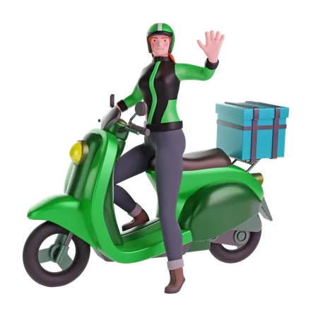 Delivery girl waving while riding motorcycle 3D Illustration