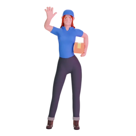 Delivery girl waving with parcel  3D Illustration