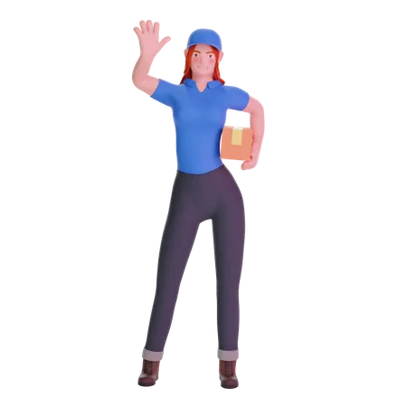 Delivery girl waving with parcel 3D Illustration