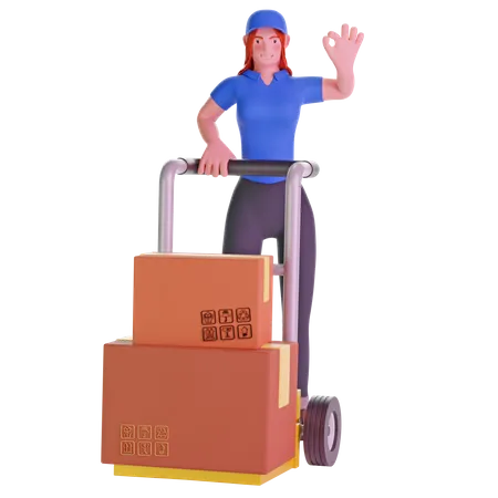 Delivery girl with ok hand sign gesture and Holding Trolley Loaded With Cardboard Boxes  3D Illustration