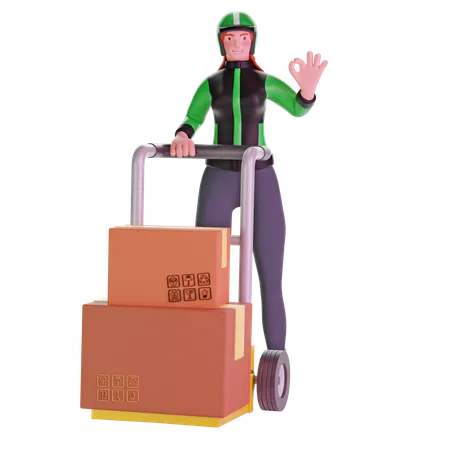 Delivery girl with ok hand sign gesture and Holding Trolley Loaded With Cardboard Boxes  3D Illustration