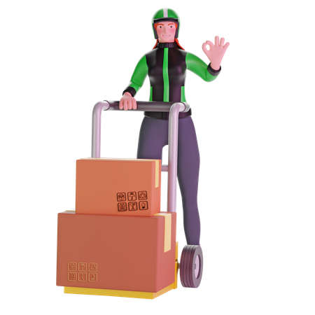 Delivery girl with ok hand sign gesture and Holding Trolley Loaded With Cardboard Boxes  3D Icon