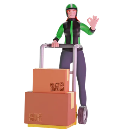 Delivery girl with ok hand sign gesture and Holding Trolley Loaded With Cardboard Boxes 3D Illustration